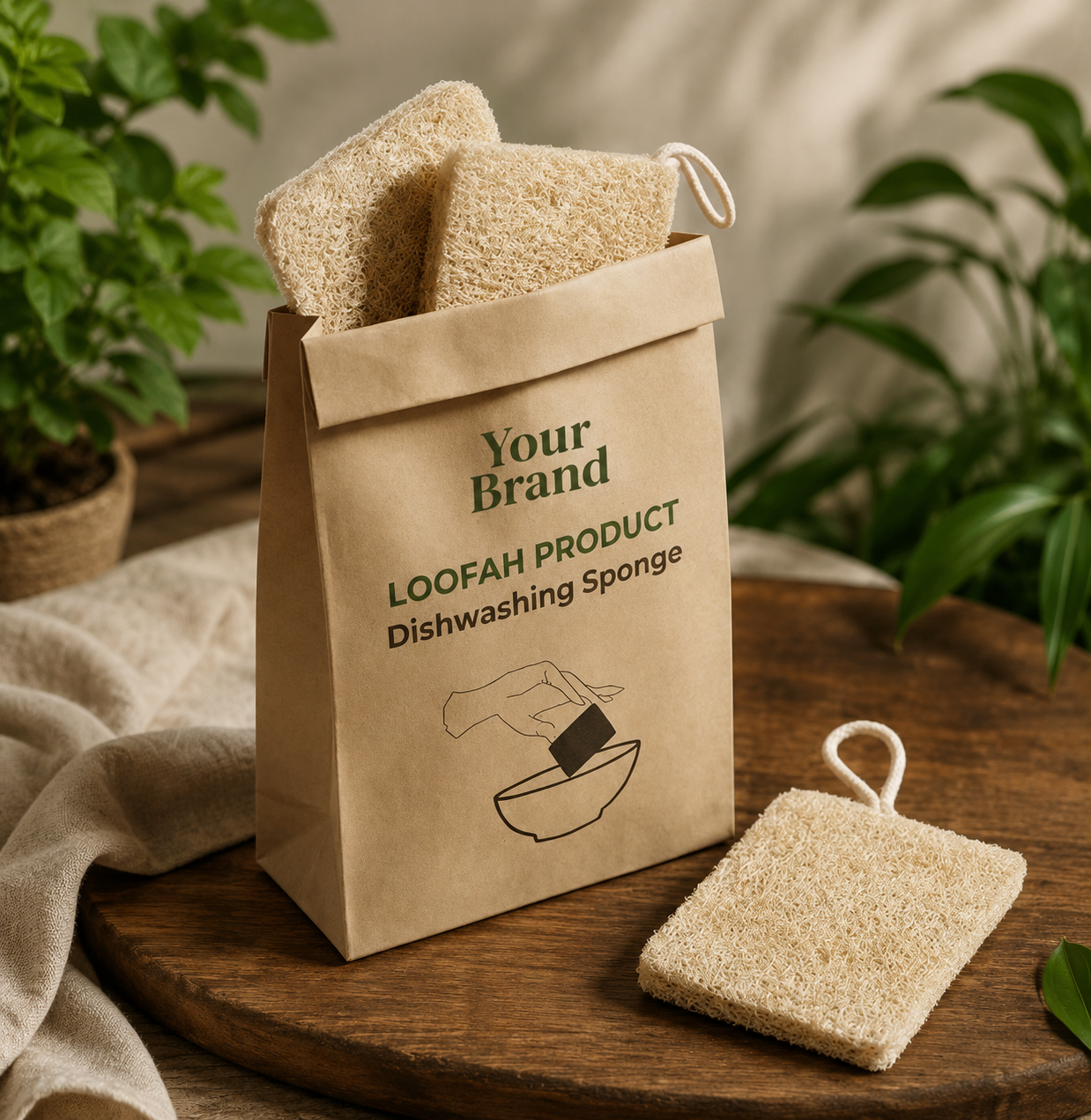 Private-label loofah dishwashing sponge in kraft paper packaging
