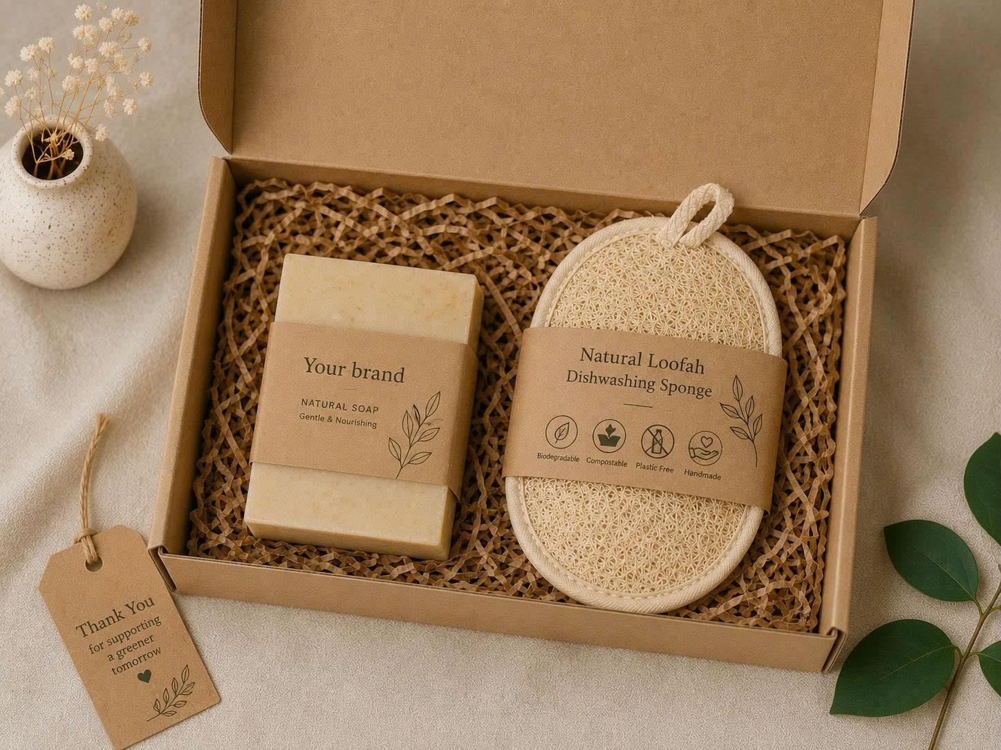 Gift and private-label loofah set in kraft packaging